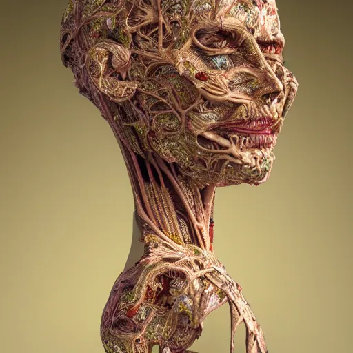 Image similar to beatifull face portrait of a woman, 150 mm, anatomical, flesh, flowers, mandelbrot fractal, facial muscles, veins, arteries, intricate, golden ratio, full frame, microscopic, elegant, highly detailed, ornate, ornament, sculpture, elegant , luxury, beautifully lit, ray trace, unreal, 3d, PBR, in the style of peter Gric , alex grey and Romero Ressendi