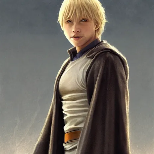 Image similar to a young blonde male jedi with short hair looking away at a threat full body shot concept art by Doug Chiang cinematic concept art, realistic painting, high definition, digital art, matte painting, symmetrical, very detailed, realistic, dramatic lighting, cinematic, establishing shot, extremely high detail, photo realistic, cinematic lighting, post processed, concept art, artstation, matte painting, red color scheme