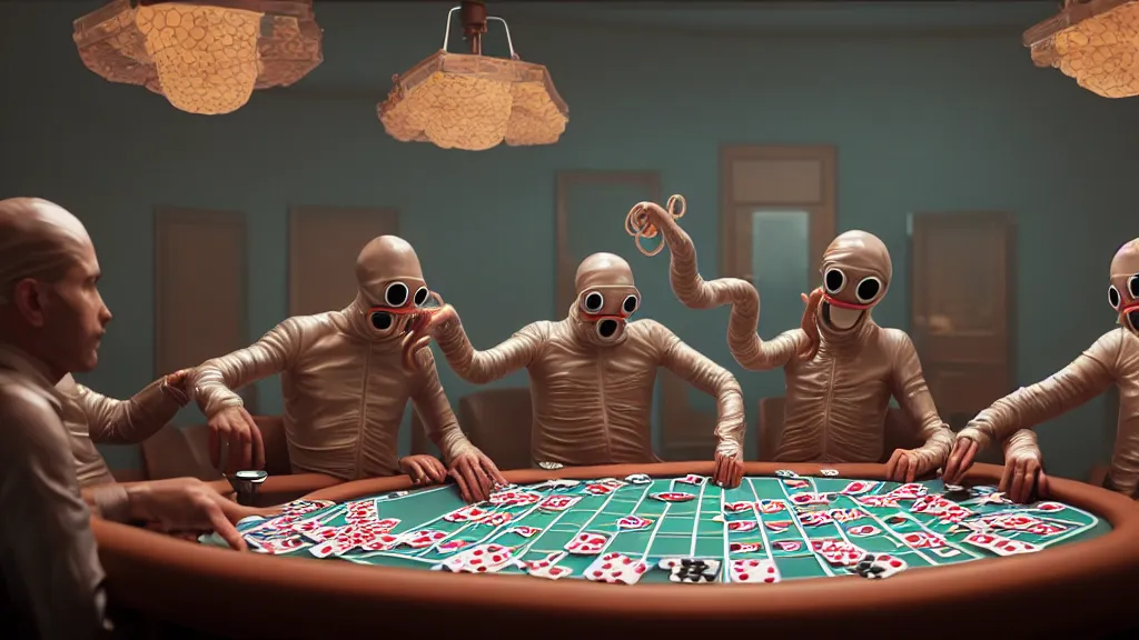 Image similar to hyperrealism simulation highly detailed human octopuses'wearing transparent jackets, playing poker in surreal scene from art house movie from future by wes anderson rendered blender and octane render