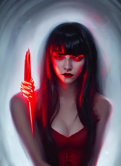 Image similar to portrait of vampire veronica lodge with bangs, vampire, long hair, red clothes, bangs, intricate, elegant, glowing lights, highly detailed, digital painting, artstation, concept art, smooth, sharp focus, illustration, art by wlop, mars ravelo and greg rutkowski