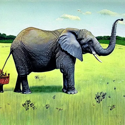 Prompt: an elephant on a green meadow art by Raymond Briggs and Raymond Briggs