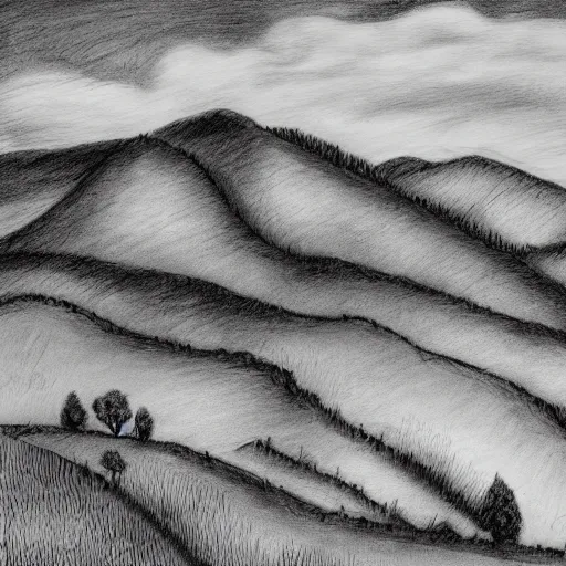 Image similar to hills of dreams, black and white, artstation, pencil illustration