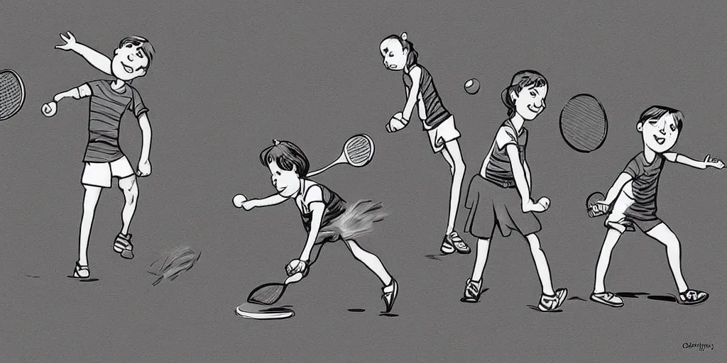 Prompt: digital art of anatomically correct kids playing tennis by quino