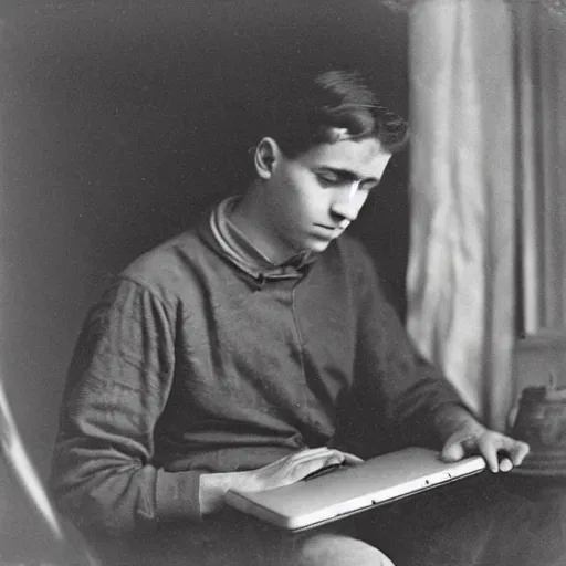 Image similar to Young man in 1910 working on a laptop, daguerreotype photo, HD