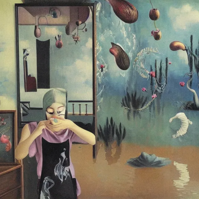 Image similar to tall emo artist in her flooded apartment, painting of flood waters inside an artist's home, a river flooding indoors, pomegranates, pigs, ikebana, zen, water, octopus, river, rapids, waterfall, black swans, canoe, berries, acrylic on canvas, surrealist, by magritte and monet