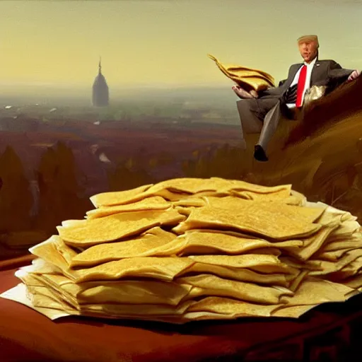 Prompt: donald trump reclining on a mound of cheeseburger wrappers, highly detailed, sharp focus, matte painting, by isaac levitan and asher brown durand,