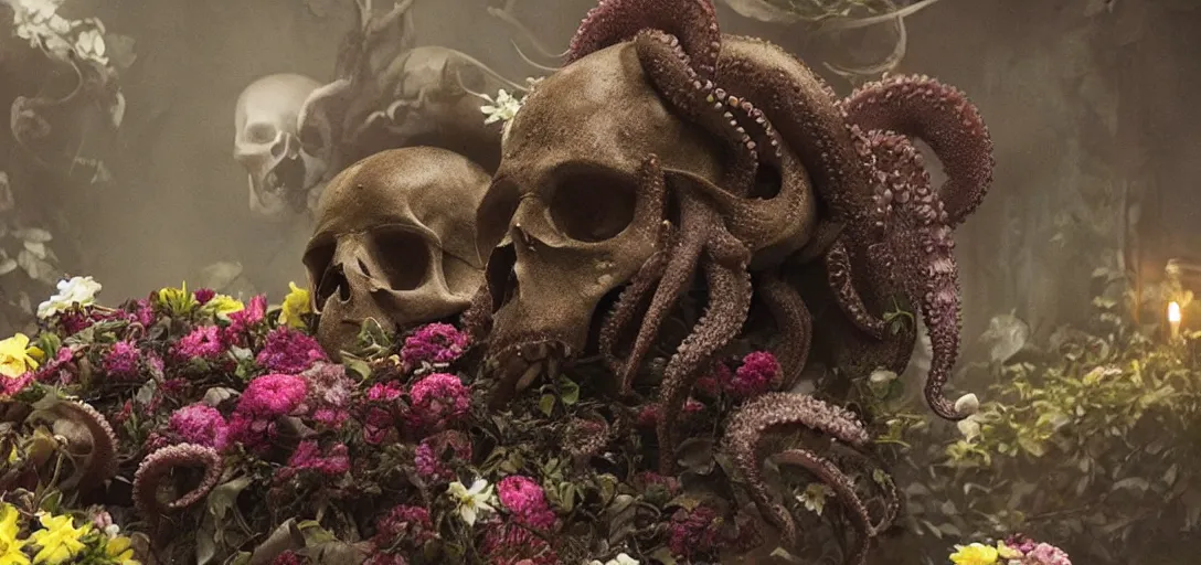 Prompt: an octopus in the shape of a skull surrounded by flowers at midnight, foggy!, cinematic!, photo still from movie by denis villeneuve, wayne barlowe