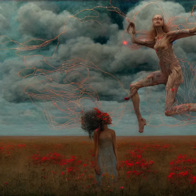 Image similar to A woman wearing clothes made out of thunder clouds and flowers, people floating in the sky, apocalypse, red skin, Masterpiece, glowing, wires everywhere, by Edgar Maxence and Ross Tran, Zdzisław Beksiński, and Michael Whelan, distant, gustav dore, H.R. Giger, 8k, octane render