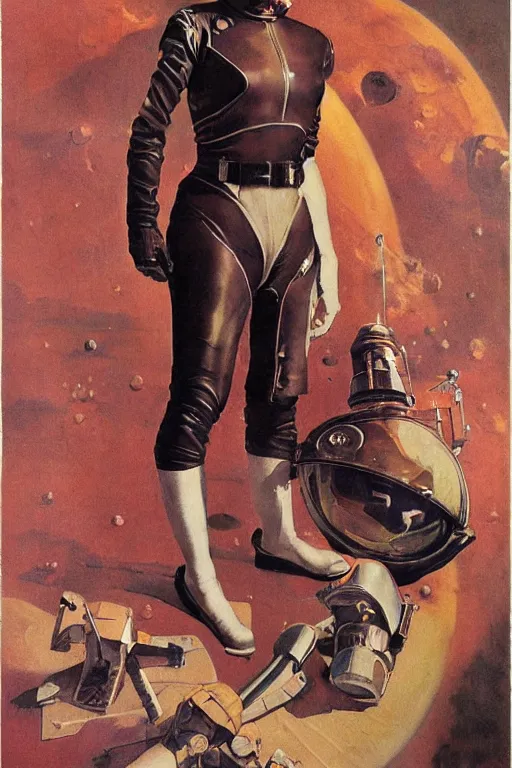 Image similar to 5 0 s pulp scifi fantasy illustration full body portrait slim mature woman in leather spacesuit on mars, by norman rockwell, roberto ferri, daniel gerhartz, edd cartier, jack kirby, howard v brown, ruan jia, tom lovell, frank r paul, jacob collins, dean cornwell, astounding stories, amazing, fantasy, other worlds