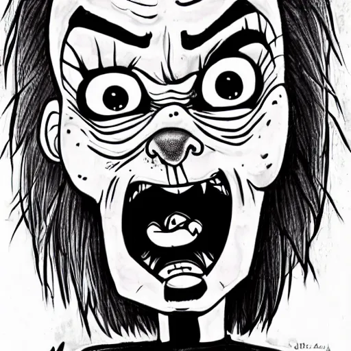 Prompt: cartoon drawing of chucky by - rick and morty , loony toons style, horror themed, detailed, elegant, intricate