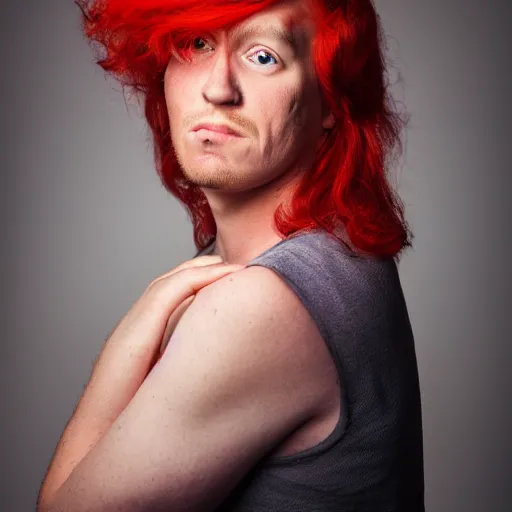 Prompt: a color photo portrait of a man with red hair in the style of richard avedon, 7 5 mm lens, studio lighting.