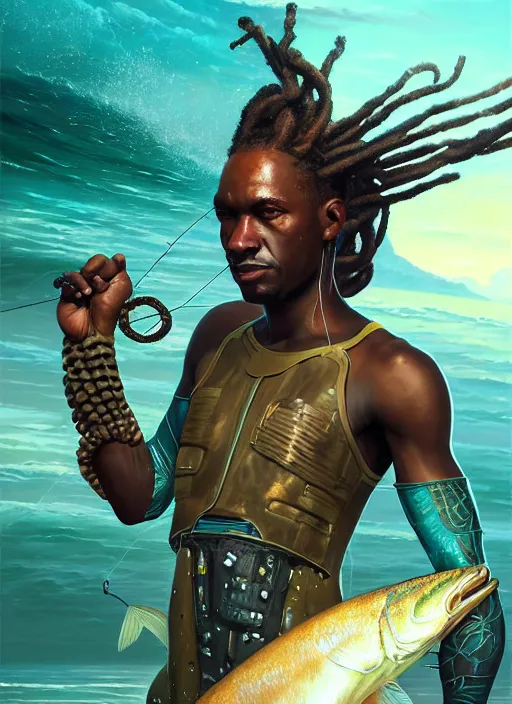 Image similar to portrait of a jamaican fisherman sci - fi fishing armor muscular cyberpunk dreadlocks intricate elegant highly detailed digital painting artstation concept art, ocean splashing background, greg rutkowski, loish, rhads, ferdinand knab, makoto shinkai and lois van baarle, ilya kuvshinov, rossdraws, tom bagshaw