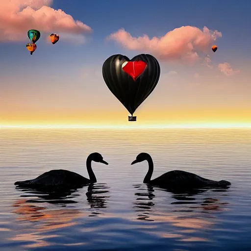 Image similar to photo of two black swans swimming in a beautiful reflective mountain lake, touching heads, forming a heart with their necks, a colorful hot air balloon is flying above the swans, hot air balloon, intricate, 8k highly professionally detailed, HDR, CGsociety