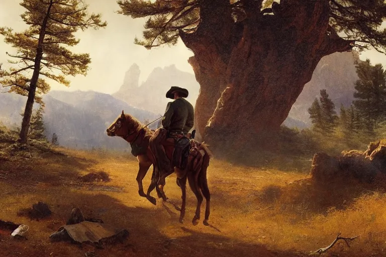 Prompt: a ultradetailed landscape of sam winchester as an old west gunfighter shooting at a charging wendigo, masterpiece, 8 k, art by rembrant and albert bierstadt