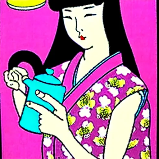 Image similar to Beautiful Japanese woman drinking tea with a snake by Toshio Saeki ultra high detailed