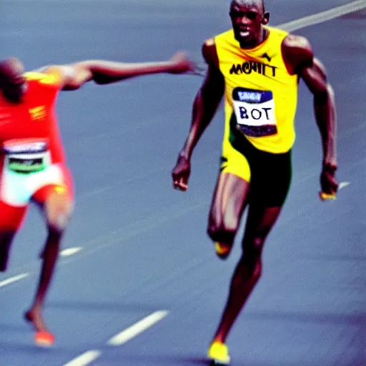 Image similar to usain bolt racing against an astronaut on the moon, kodachrome film