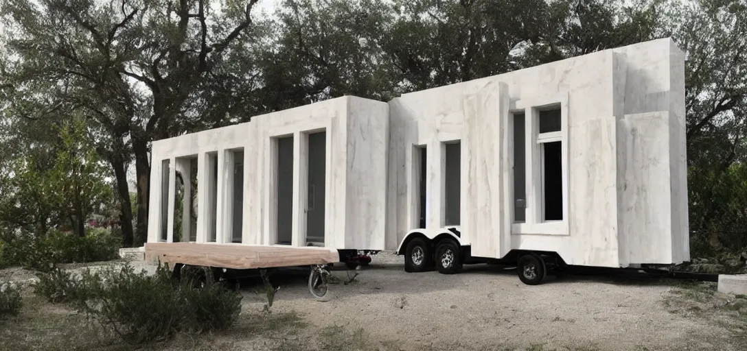 Image similar to greek tiny house on trailer that looks like the parthenon made of marble designed by iktinos and callicrates.