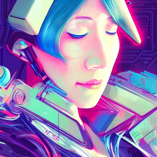 Prompt: a digital painting of a woman with her eyes closed, cyberpunk art by james jean, cgsociety, retrofuturism, anime aesthetic, chromatic, iridescent