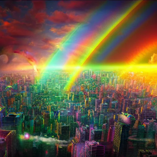 Prompt: Ornate Empire in the clouds heavenly beautiful sun light rainbows holographic iridescent dream 8k Depth of field Render HDR