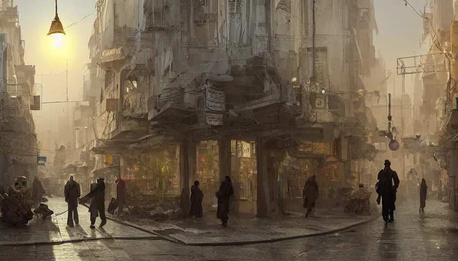 Prompt: jeddah city street, roshan, shops, a bright pharmacy, a nomad wearing a worn out coat, plants, tree, dramatic lighting, sci fi, by caspar david friedrich by james gilleard and justin gerard, centered, artstation, smooth, sharp focus, photoreal octane render, by jean baptiste monge, gustave dore, deviantart