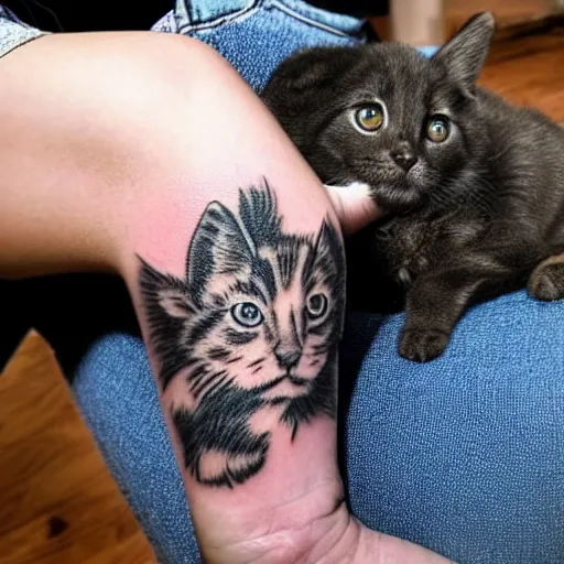 Prompt: A dog with a tattoo of a kitten