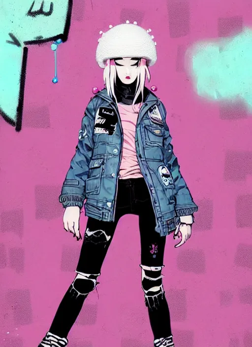 Image similar to highly detailed portrait of a street punk lady student, blue eyes, bubble jacket, hat, white hair by atey ghailan, by greg rutkowski, by greg tocchini, by james gilleard, by joe fenton, by kaethe butcher, gradient pink, black, brown and light blue color scheme, grunge aesthetic!!! ( ( graffiti tag wall background ) )