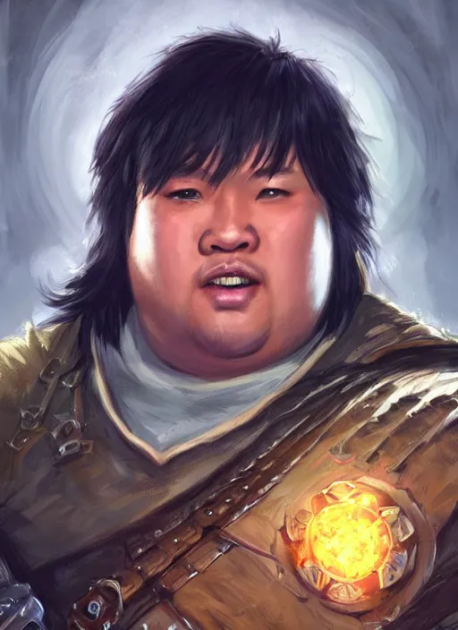 Image similar to slightly chubby asian man with medium black parted hair, dndbeyond, bright, colourful, realistic, dnd character portrait, full body, pathfinder, pinterest, art by ralph horsley, dnd, rpg, lotr game design fanart by concept art, behance hd, artstation, deviantart, hdr render in unreal engine 5