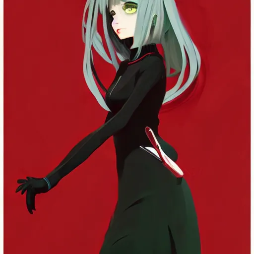 Image similar to elegent girl with gray hair and green eyes, wearing a red and black color dress, in the style of and ilya kuvshinov and greg rutkowski, high quality anime artstyle, intricate