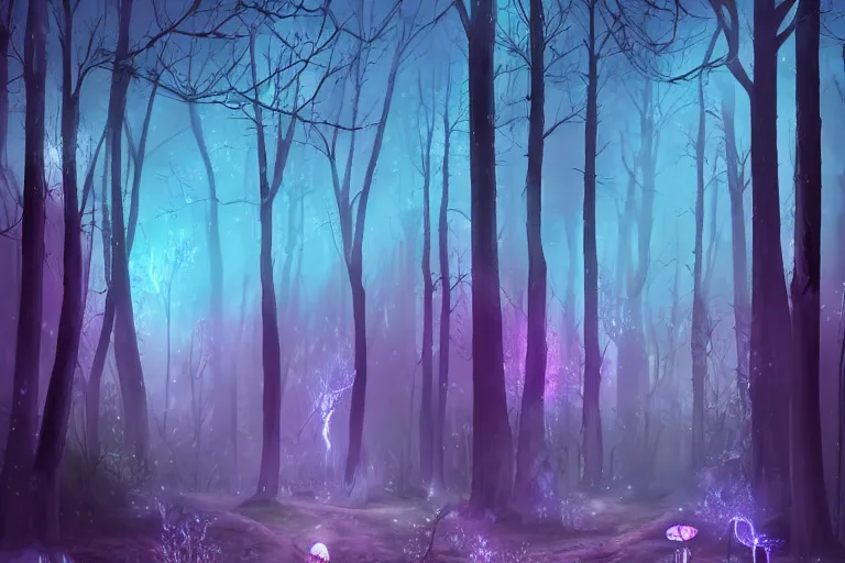 Image similar to ancient magical forest, tall purple and pink trees, moonlit, winding path lined with bioluminescent mushrooms, fireflies, pale blue fog, mysterious, eyes in the trees, cinematic lighting, photorealism