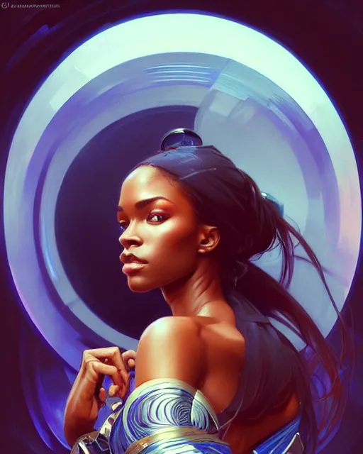 Image similar to Portrait of very very very very very very beautiful nigerian woman, spacesuit, blue eyes, real life skin, intricate, elegant, highly detailed, artstation, concept art, smooth, sharp focus, art by artgerm and greg rutkowski and alphonse mucha