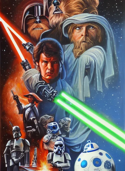 Image similar to 1 9 8 6 poster for star wars. oil on canvas. print.