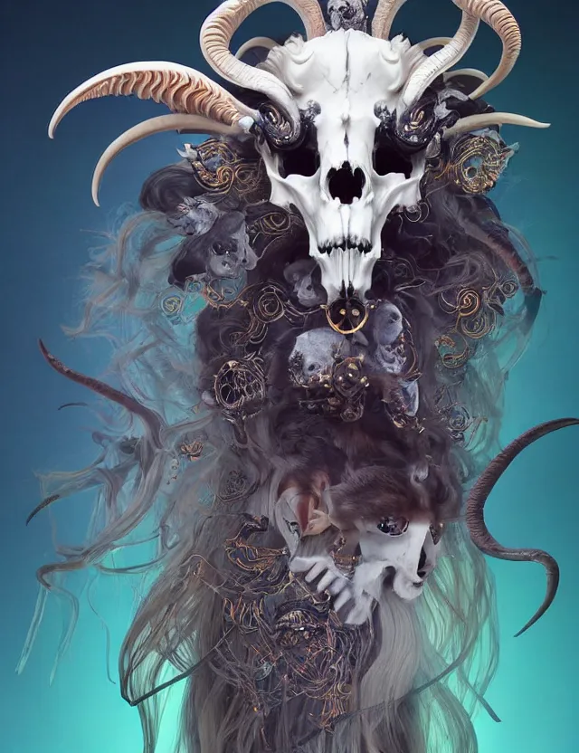 Image similar to 3 d goddess goat skull half - turn portrait with long hair with ram skull. beautiful intricately detailed japanese crow kitsune mask and clasical japanese kimono. betta fish, jellyfish phoenix, bio luminescent, plasma, ice, water, wind, creature, artwork by tooth wu and wlop and beeple and greg rutkowski