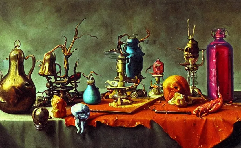 Image similar to disturbing colorful oil painting dutch golden age vanitas still life sparse composition with bizarre objects strange gooey transparent surfaces shiny metal reflections bizarre mutant meat insects rachel ruysch dali todd schorr very detailed perfect composition rule of thirds masterpiece canon 5 0 mm, cinematic lighting, photography, retro, film, kodachrome