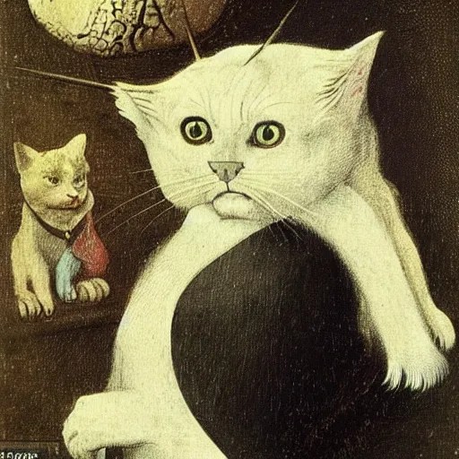 Image similar to stunning portrait of the cat of cheshire faithful to lewis carol's book description by hieronymus bosch