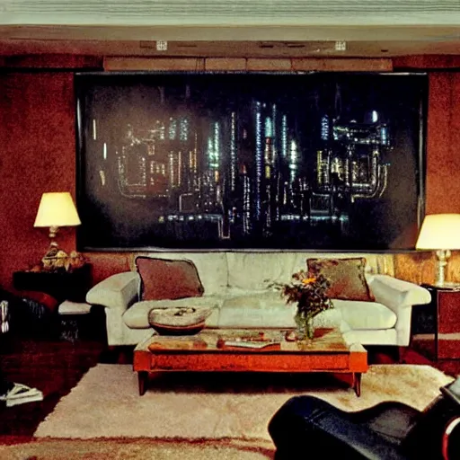 Image similar to rick deckard living room from bladerunner, as decorated by norman rockwell, moody, decadent, dirty,