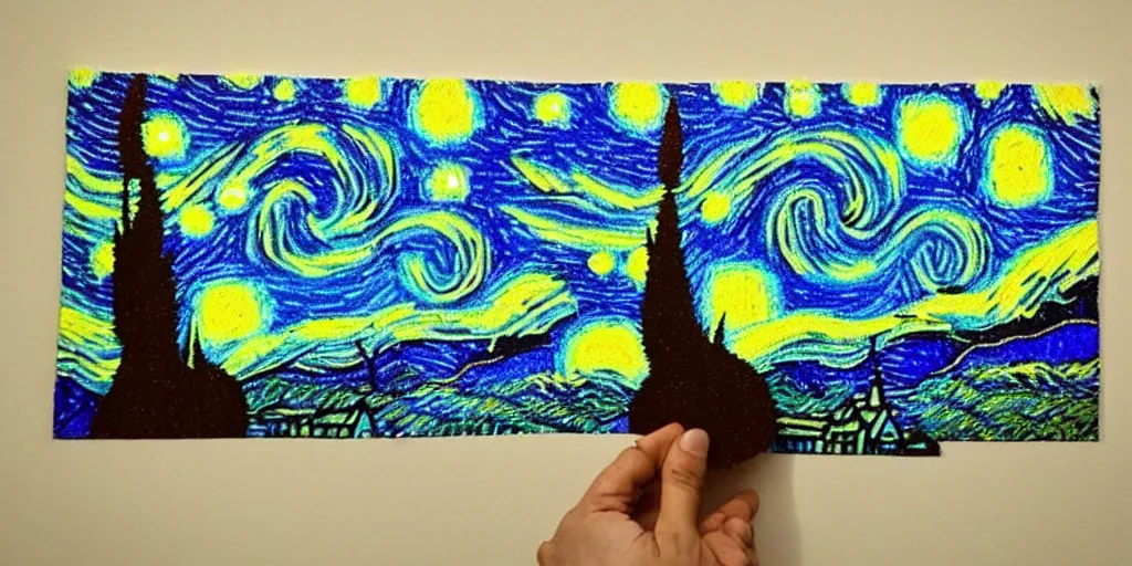 Image similar to artwork made using pills to look like Van Gogh starry night