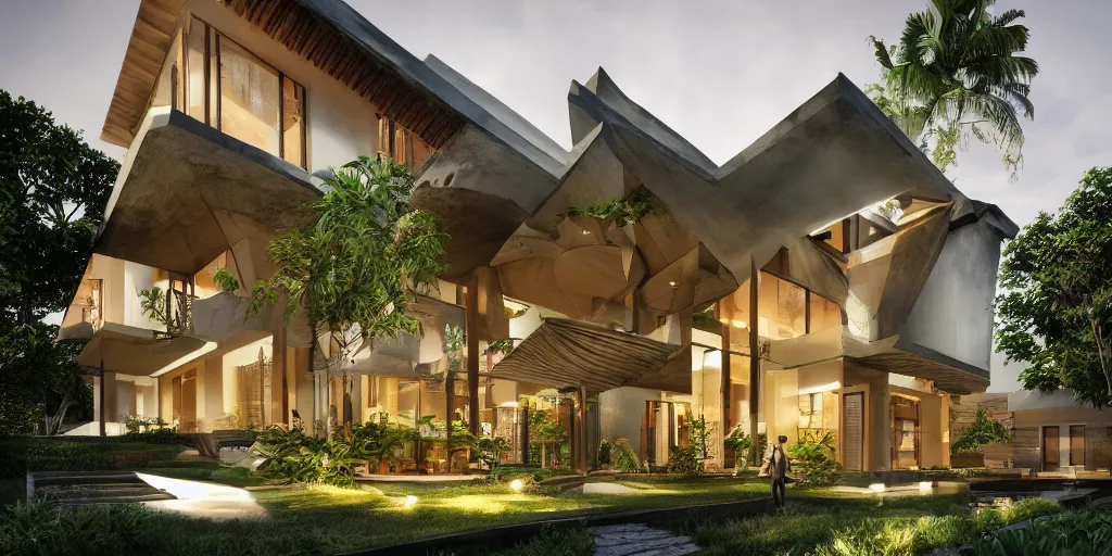 Image similar to 3d rendering of beautiful nature meets architecture concept of a residential house. balinese architecture, volumetric lighting, luxury, high detail, 14mm, cinematic photography, cg architects, high resolution