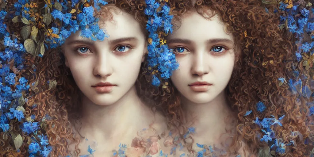 Image similar to breathtaking detailed concept art painting portrait of the hugs goddess of blue flowers, carroty curly hair, orthodox saint, with anxious piercing eyes, ornate background, amalgamation of leaves and flowers, by hsiao - ron cheng, extremely moody lighting, 8 k