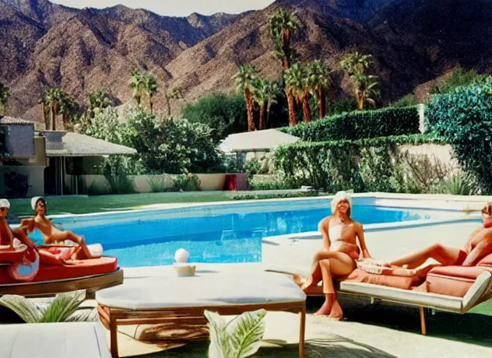 Image similar to a detailed photograph of 1 9 7 0 s palm springs backyard pool by slim aarons, poolside glamour, photoreal, getty images, 4 k