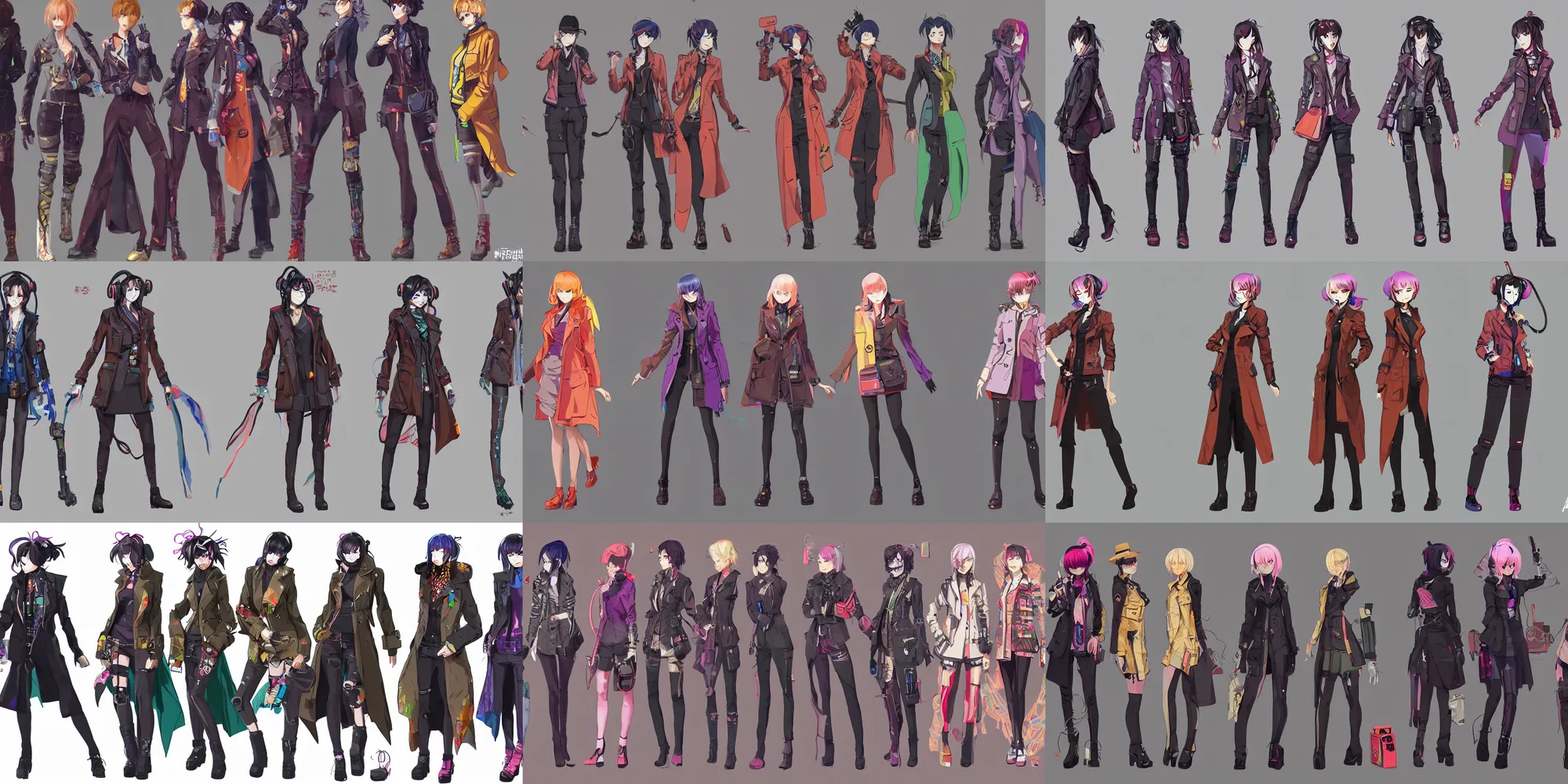 Prompt: detailed colorful full body cyberpunk detective wearing trench coat female character concepts by senior concept artist, in the anime film, featured on artstation, anime aesthetic