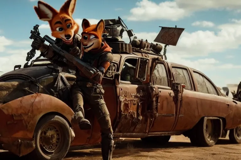 Image similar to nick wilde, heavily armed and armored facing down armageddon in a dark and gritty reboot from the makers of mad max : fury road