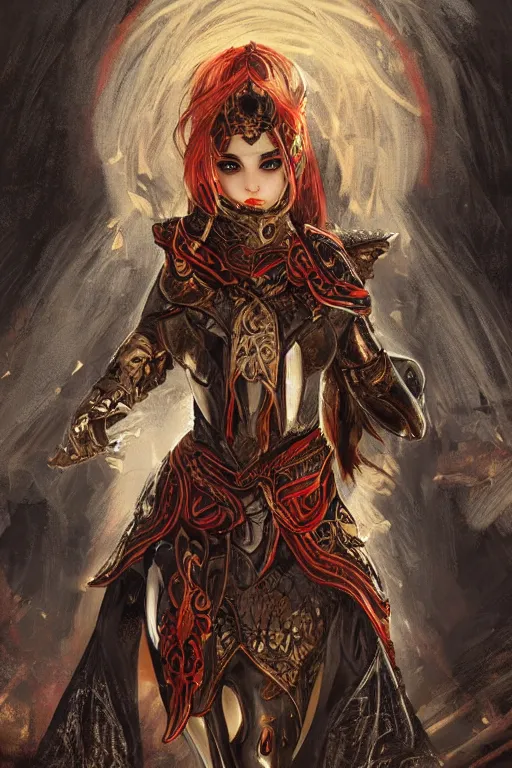 Image similar to portrait knights of Zodiac girl+smoky eyes, black and red reflected armor, in ruined Agora of Athens, black magic night, ssci-fi, fantasy, intricate, very very beautiful, elegant, golden light, highly detailed, digital painting, artstation, concept art, smooth, sharp focus, illustration, art by tian zi and WLOP and alphonse mucha