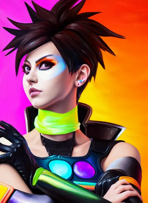 Image similar to overwatch style oil painting portrait of tracer overwatch, confident pose, wearing black iridescent rainbow latex, rainbow, neon, 4 k, expressive surprised expression, makeup, wearing black choker, wearing sleek armor, studio lighting, black leather harness, expressive detailed face and eyes,