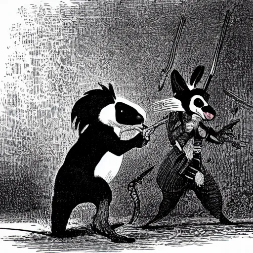 Image similar to a threatening skunk wielding a switchblade. Detailed 1865 Illustration by John Tenniel.