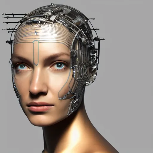 Prompt: highly detailed 3 d render of a beautiful female cyborg head and face made from extreme numbers of electircal components like wires, electrodes, glass tubes, silver, gold, by russian artist igor goryunov, 8 k resolution, photo realistic symmetrical