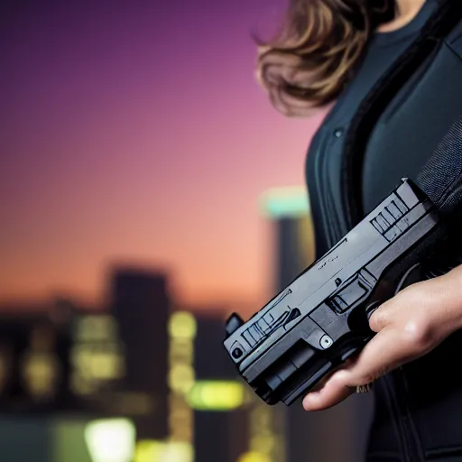 Image similar to photographic portrait of a techwear woman holding a Glock 18, closeup, on the rooftop of a futuristic city at night, sigma 85mm f/1.4, 4k, depth of field, high resolution, 4k, 8k, hd, full color