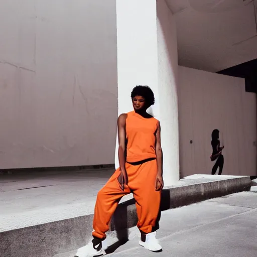 Image similar to realistic photoshooting for a new nike lookbook color film photography of a beautiful woman model, photo in style of tyler mitchell, ssense