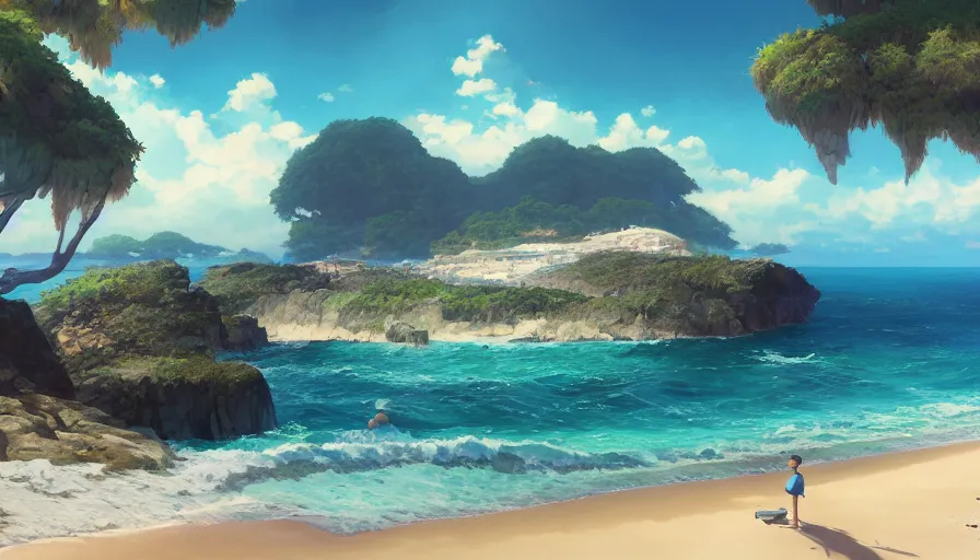 Image similar to A highly detailed matte oil painting of a pristine beach by Mokoto Shinkai, hyperrealistic, breathtaking, beautiful composition, by Artgerm, by beeple, by Studio Ghibli, volumetric lighting, octane render, 4K resolution, trending on artstation