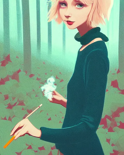 Image similar to digital illustration of pretty girl savrina with short blonde hair wearing a sweater, from alice in wonderland, smoking, in a wonderland forest at night, by ilya kuvshinov, lois van baarle, rossdraws, basquiat