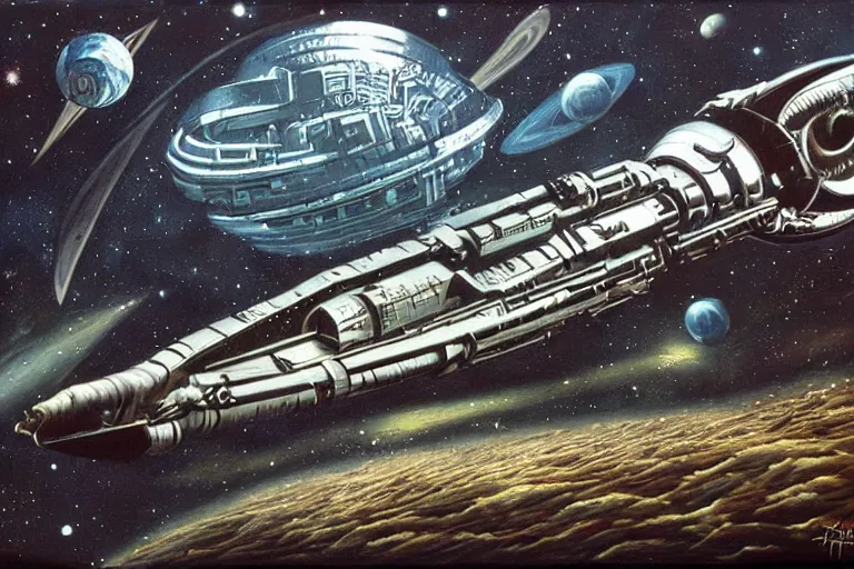 Image similar to atompunk space ship sailing the infinite cosmos, grand scale, raygun gothic style, painting by h. r. giger